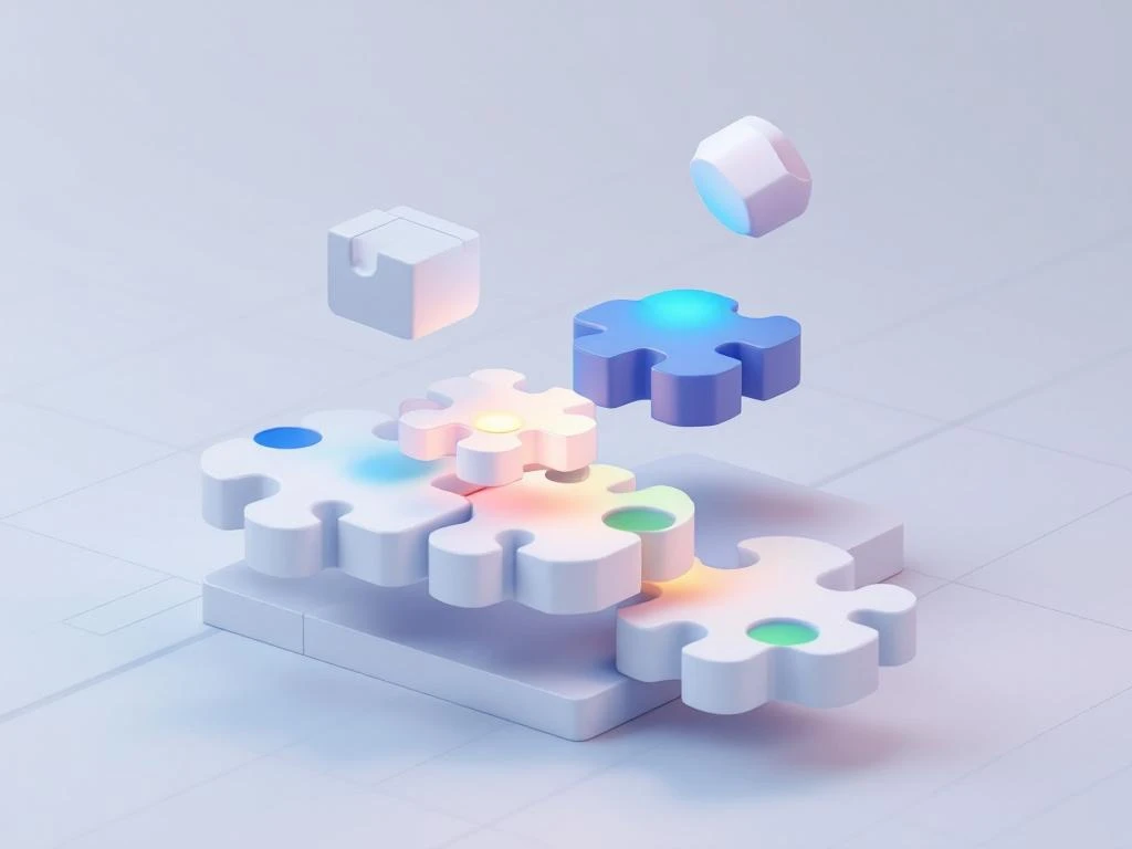 Geometrische puzzelstukken in blauw-groene tinten drijven gelaagd op witte achtergrond, symboliserend educatieve verbindingen