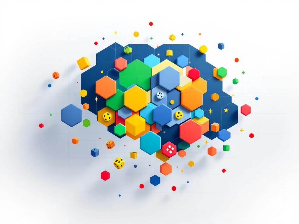 Geometrische puzzelstukken vormen hersenpatroon, overgaand van spelkleuren naar educatieve tinten op witte achtergrond