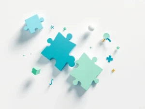 Zwevende puzzelstukjes die transformeren tot educatieve symbolen zoals boeken en wiskundige vormen in blauw en groen.