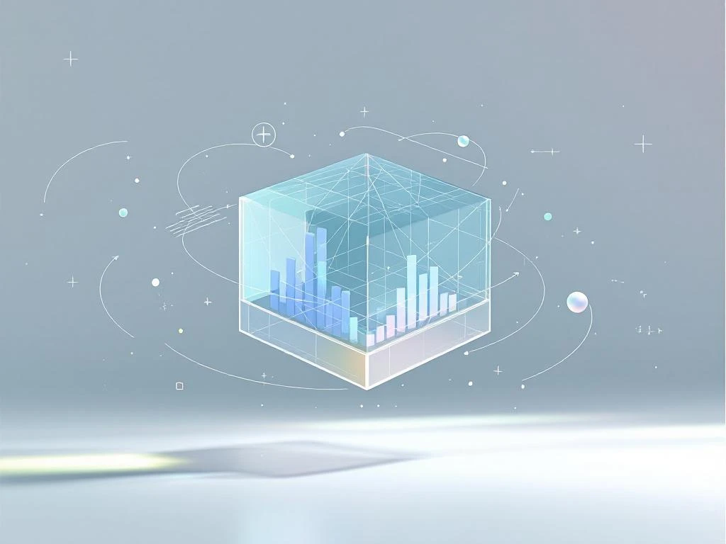 Transparante geometrische kubus met data-visualisatie elementen en analytische pictogrammen in blauw-groene tinten
