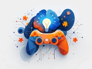 Geometrische hersenen en gamecontroller vormen verbonden door lijnen in blauw en oranje met gloeilamp en puzzelstukjes