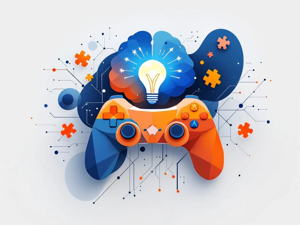 Geometrische hersenen en gamecontroller vormen verbonden door lijnen in blauw en oranje met gloeilamp en puzzelstukjes