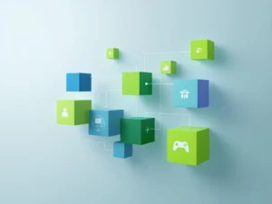 Geometrische leerblokken die transformeren van kubussen naar game-elementen, verbonden door lijnen in blauw-groene tinten