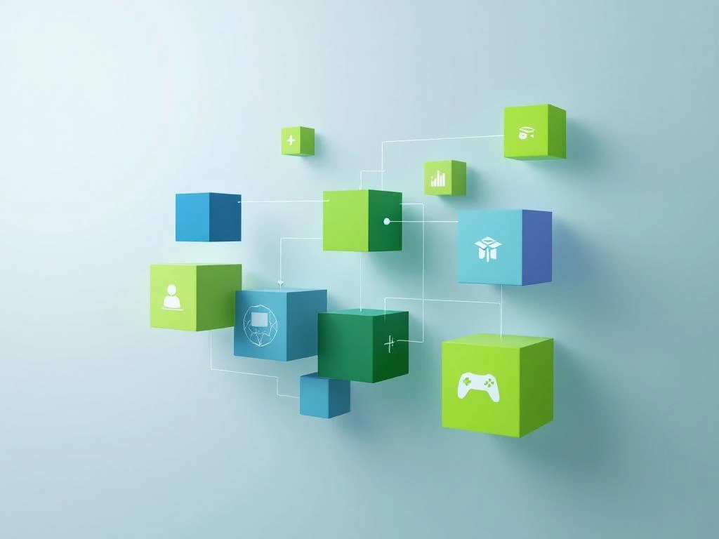 Geometrische leerblokken die transformeren van kubussen naar game-elementen, verbonden door lijnen in blauw-groene tinten