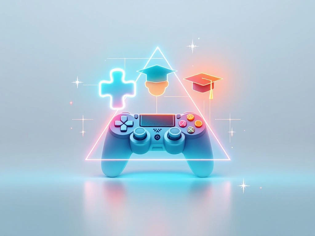 Drie leersymbolen in driehoekige opstelling: puzzelstuk, gamecontroller en afstudeerpet op witte achtergrond