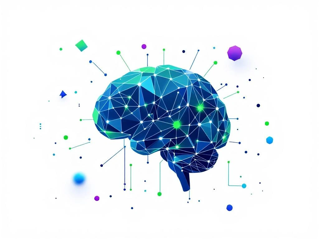 Gloeiend geometrisch brein met circuitpatronen in blauw-groene tinten, omringd door zwevende vormen op witte achtergrond