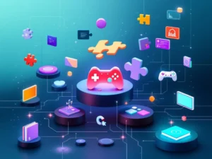 Geometrische puzzelstukjes transformeren van schoolboeken naar game controllers in blauw-groen kleurenpalet met digitale verbindingen