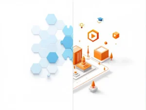 Educatieve technologie illustratie met blauwe puzzelstukjes en oranje 3D spelomgeving, gescheiden door diagonale lijn