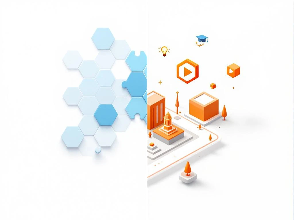 Educatieve technologie illustratie met blauwe puzzelstukjes en oranje 3D spelomgeving, gescheiden door diagonale lijn