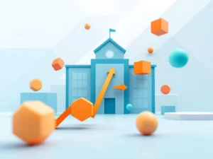 Geometrisch schoolgebouw silhouet in blauw met zwevende game-elementen in oranje en teal, groei-pijl zichtbaar