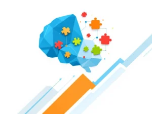 Blauw hersenprofiel met oranje en groene puzzelstukjes, grijze lijnen op witte achtergrond voor educatieve technologie