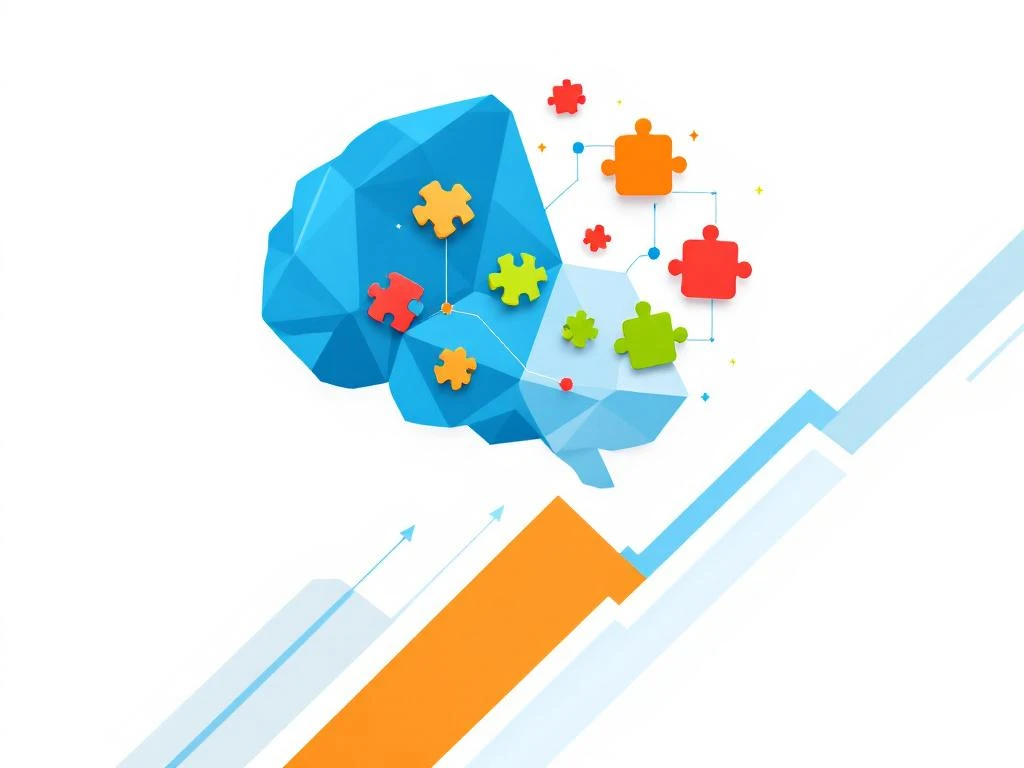 Blauw hersenprofiel met oranje en groene puzzelstukjes, grijze lijnen op witte achtergrond voor educatieve technologie