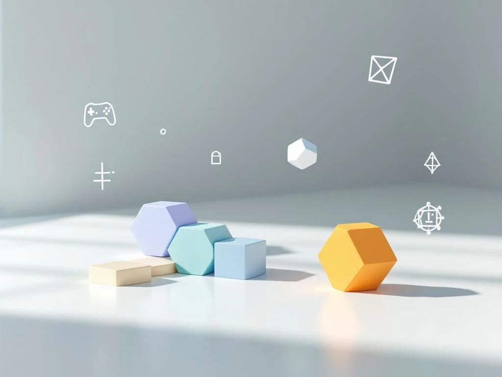 Zeshoekige puzzelstukjes in blauw en groen op wit oppervlak met game-iconen, educatieve technologie concept