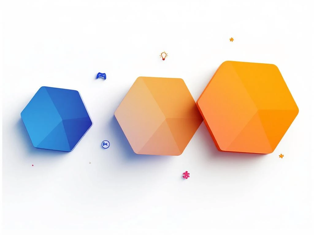 Abstracte zeshoeken in blauw-oranje gradient met gaming- en onderwijssymbolen, voorstellend verschillende leeftijdsgroepen