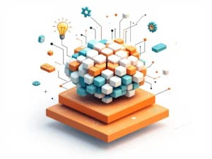 Hersenvormige puzzel van zeshoekige tegels met educatieve iconen, circuits en geometrische elementen in teal en oranje