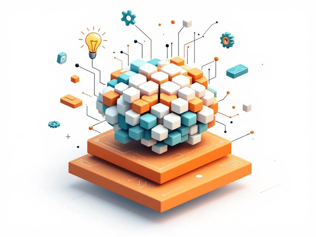 Hersenvormige puzzel van zeshoekige tegels met educatieve iconen, circuits en geometrische elementen in teal en oranje