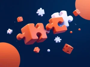 Zwevende geometrische puzzelstukjes die verbinden en transformeren tot speelse leerelementen in blauw en oranje