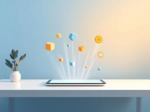 Tablet op wit bureau met zwevende geometrische spelelementen in blauw en oranje voor educatieve technologie