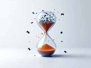 Zandloper met digitale pixels die game-iconen transformeren naar hersensyapsen, oranje-blauwe gradaties op witte achtergrond