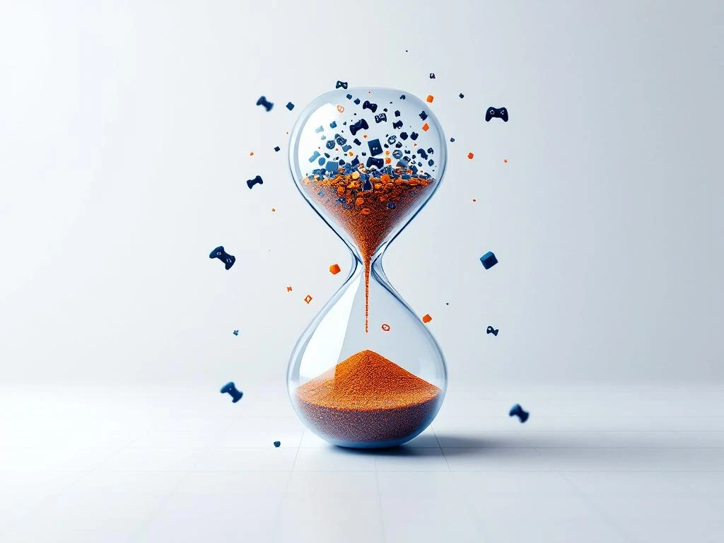 Zandloper met digitale pixels die game-iconen transformeren naar hersensyapsen, oranje-blauwe gradaties op witte achtergrond