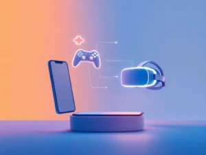 Zwevende technologieapparaten met tablet, smartphone en VR-headset verbonden door gloeiende lijnen op blauworanje achtergrond