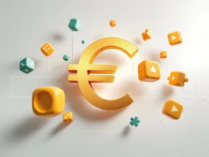 Gouden eurosymbool omringd door zwevende speelelementen zoals dobbelstenen en puzzelstukjes op witte achtergrond