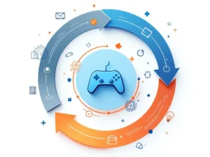 Circulaire feedback loop met blauwe en oranje pijlen, gaming controllers en educatieve symbolen op witte achtergrond