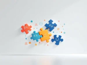 Abstracte puzzelstukjes in blauw en oranje verbonden op witte achtergrond, symboliseert spelend leren en educatie.