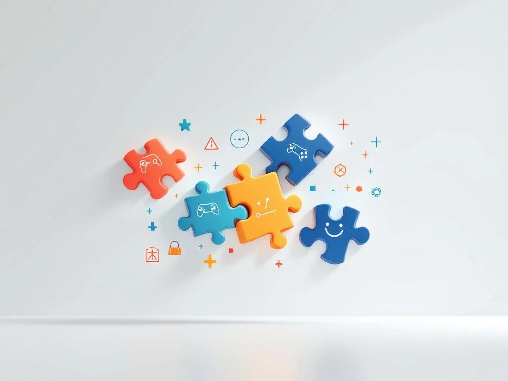 Abstracte puzzelstukjes in blauw en oranje verbonden op witte achtergrond, symboliseert spelend leren en educatie.