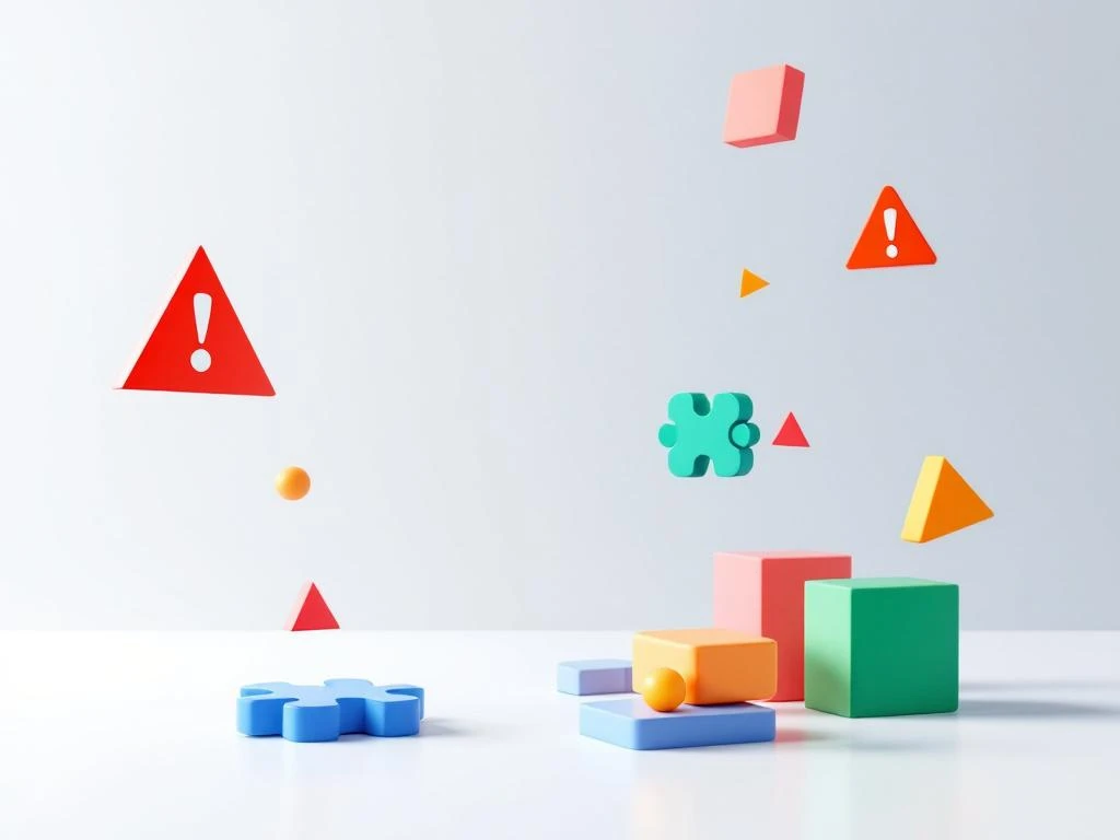 Geometrische vormen tonen uitdagingen en successen in game-based learning met rode waarschuwingsdriehoeken en blauwe leerelementen