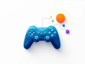 Gamecontroller-icoon in blauw gradient naast drie kleurrijke geometrische vormen die leermodules vertegenwoordigen