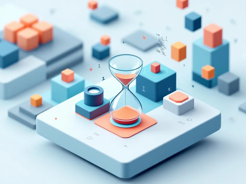 3D isometrische illustratie van spelontwikkelingsfasen met geometrische blokken, puzzelstukjes en zandloper op witte achtergrond