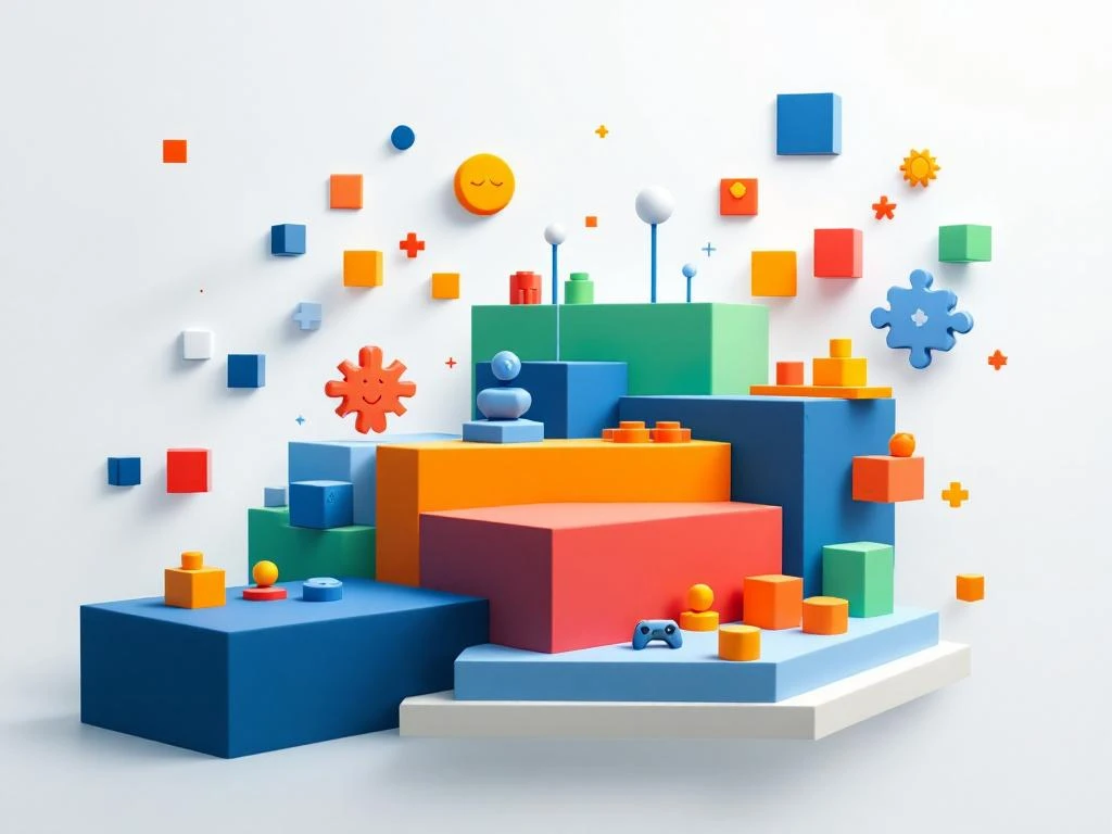 Geometrische bouwblokken en puzzelstukken die transformeren van traditionele vormen naar speelse game-elementen op witte achtergrond