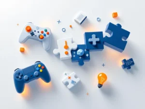 Zwevende puzzelstukjes die transformeren van gamecontrollers naar onderwijssymbolen in blauw, wit en oranje tinten