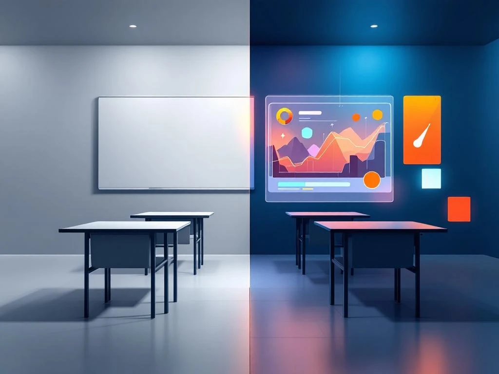 Split-screen vergelijking van traditioneel klaslokaal versus kleurrijke digitale game-omgeving met geometrische elementen