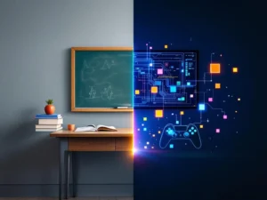 Split-screen contrast tussen traditioneel klaslokaal met houten bureau en schoolborden versus moderne gaming-elementen met controller en digitale interface