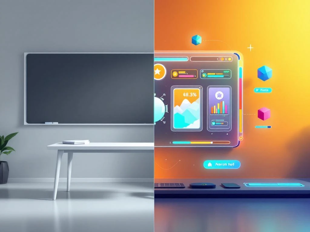 Split-screen vergelijking van traditioneel klaslokaal met grijze schoolbanken versus kleurrijke digitale game-interface