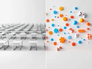 Gesplitst scherm toont traditioneel klaslokaal met grijze banken tegenover kleurrijke game-based leeromgeving met puzzels
