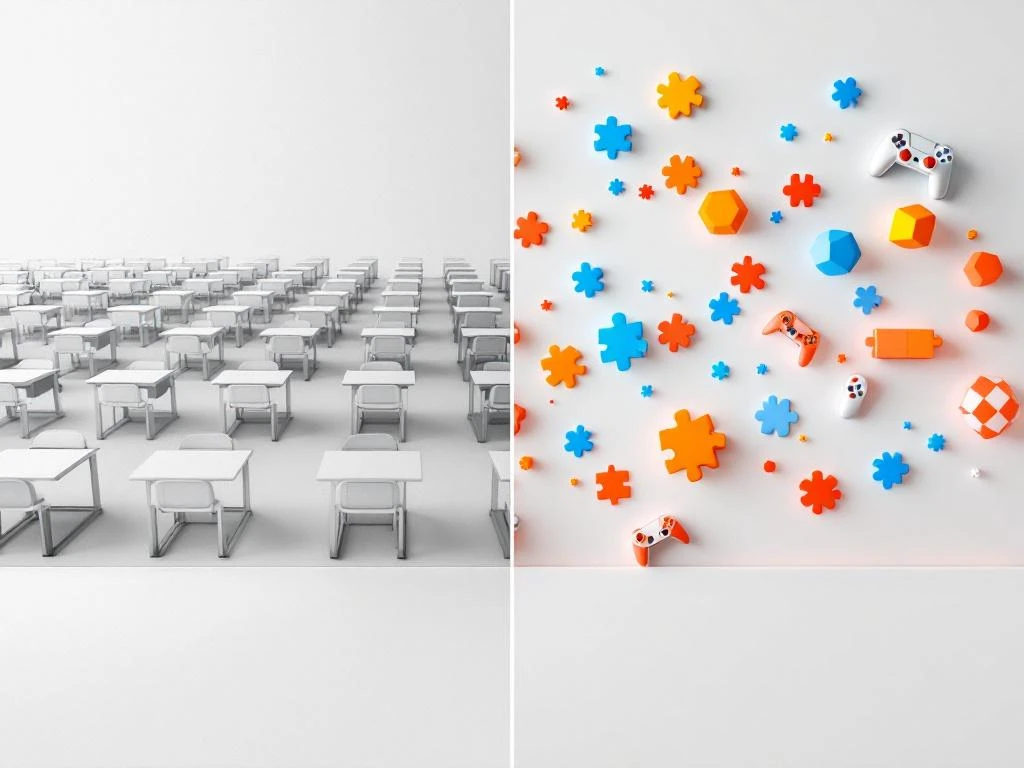 Gesplitst scherm toont traditioneel klaslokaal met grijze banken tegenover kleurrijke game-based leeromgeving met puzzels