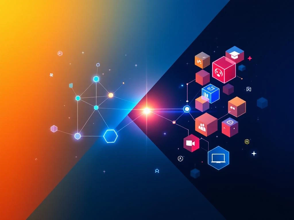 Splitscreen vergelijking van gamification (blauwe zeshoeken) en educatieve blokken (oranje) verbonden door gloeiende brug