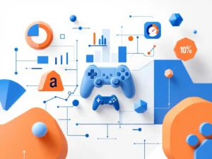 Minimalistisch dashboard met blauwe en oranje analytics-iconen, grafieken en game controller op witte achtergrond