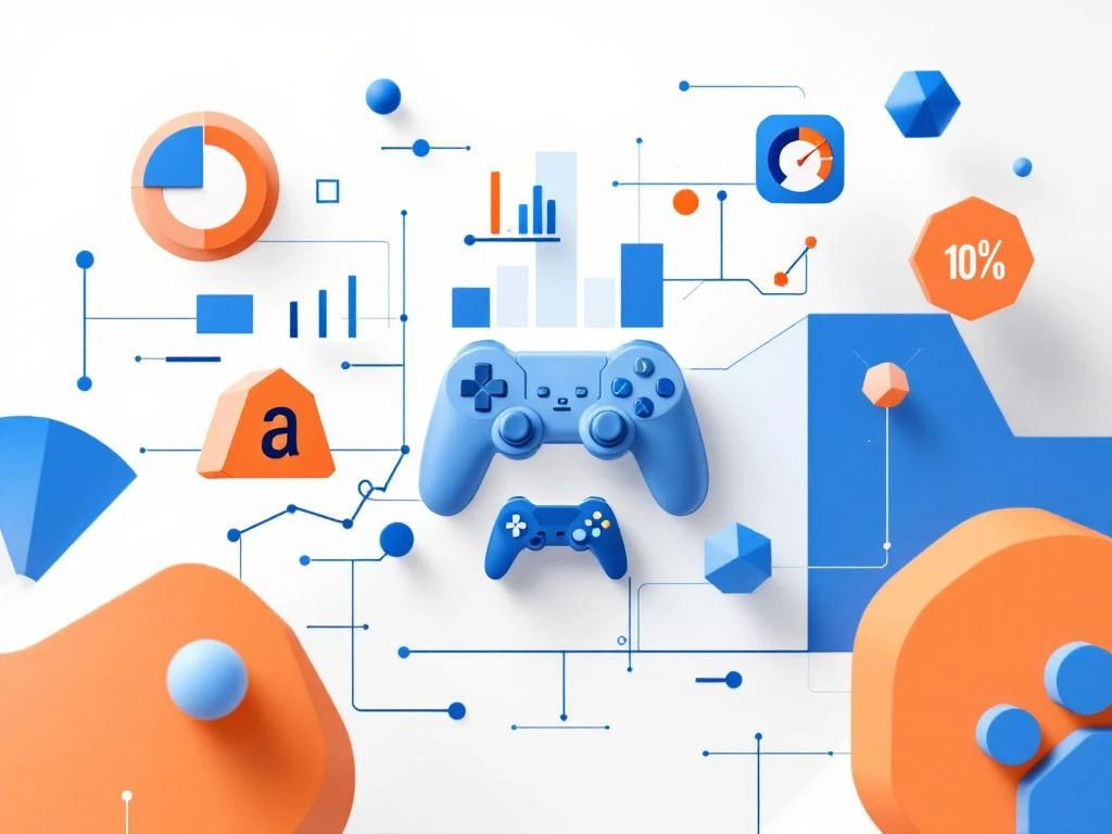 Minimalistisch dashboard met blauwe en oranje analytics-iconen, grafieken en game controller op witte achtergrond