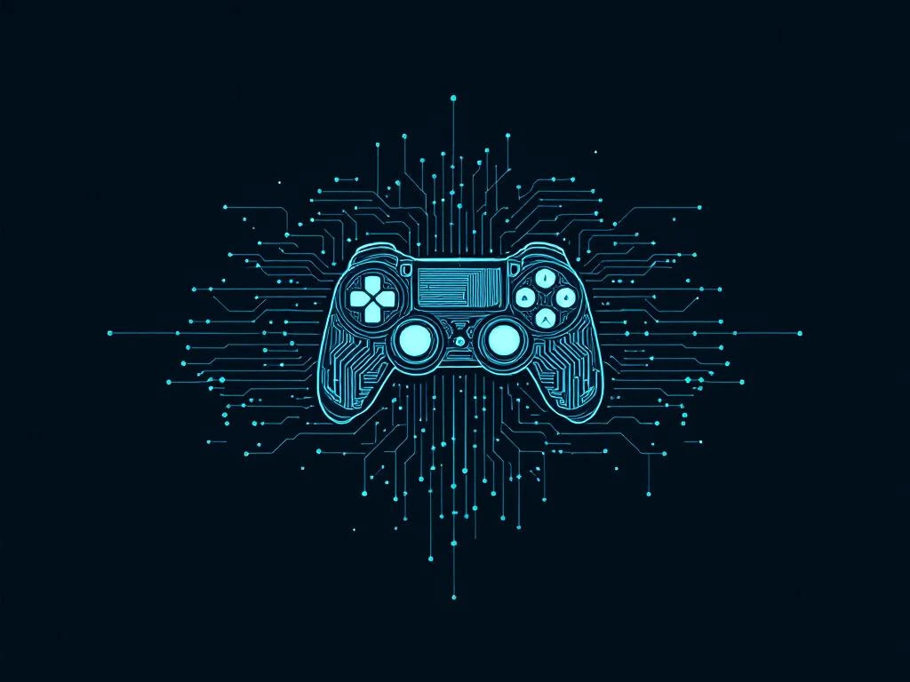 Gamecontroller silhouet gevormd door geometrische printplaat patronen in blauw en groen met technische blauwdrukken
