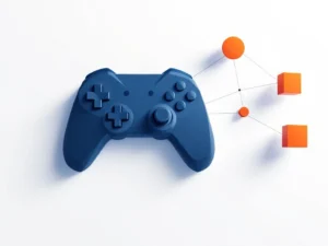 Blauwe geometrische gamecontroller met oranje educatieve vormen verbonden door grijze lijnen op witte achtergrond