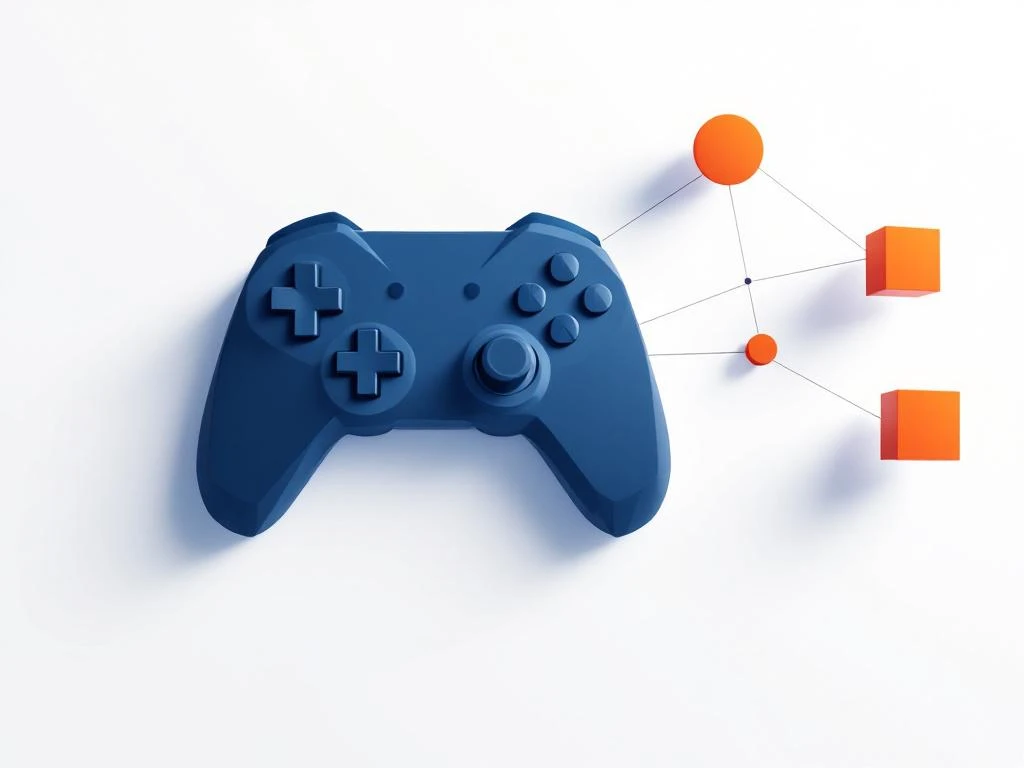 Blauwe geometrische gamecontroller met oranje educatieve vormen verbonden door grijze lijnen op witte achtergrond