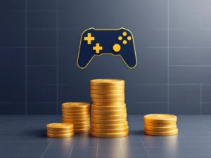 Geometrische game controller boven spiraal van gouden munten op marineblauw-grijze gradiënt achtergrond