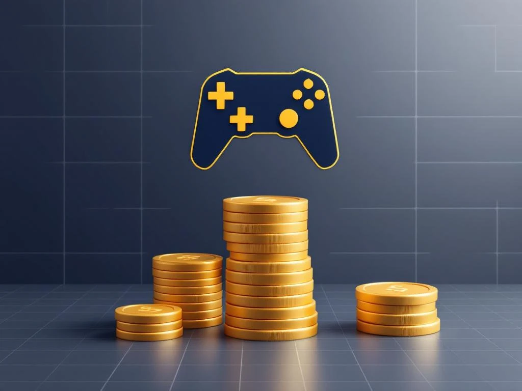 Geometrische game controller boven spiraal van gouden munten op marineblauw-grijze gradiënt achtergrond