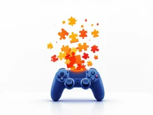 Gaming controller in donkerblauw dat oplost in oranje-gele puzzelstukjes op witte achtergrond, symboliseert overgang van spelen naar leren.