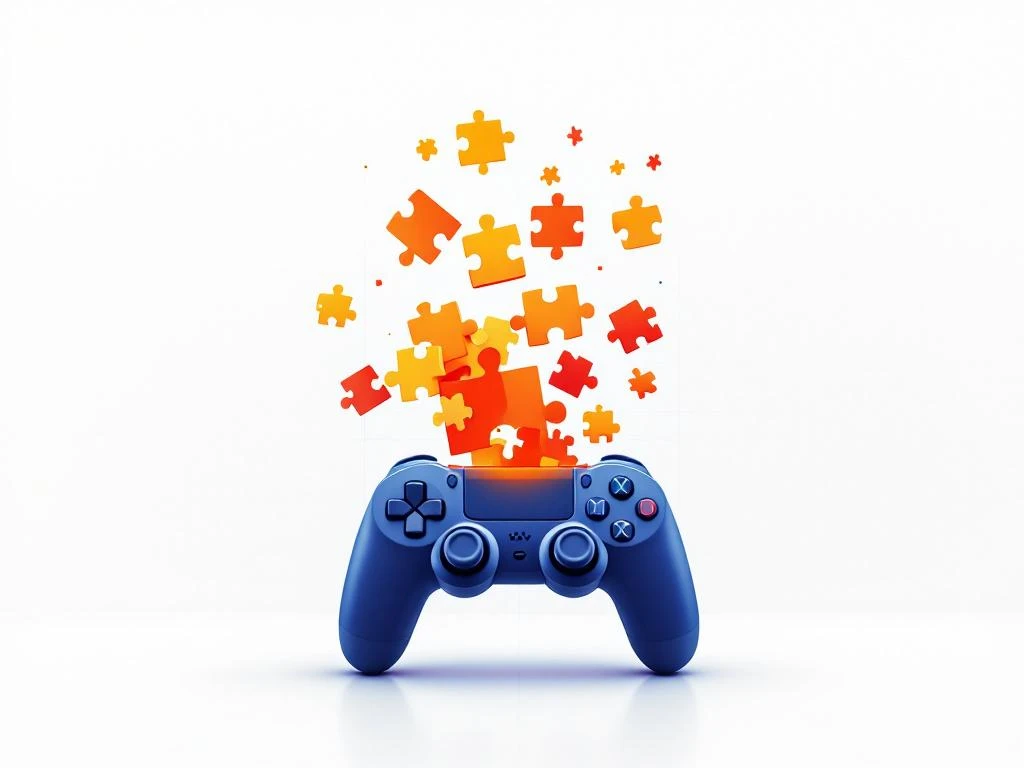Gaming controller in donkerblauw dat oplost in oranje-gele puzzelstukjes op witte achtergrond, symboliseert overgang van spelen naar leren.