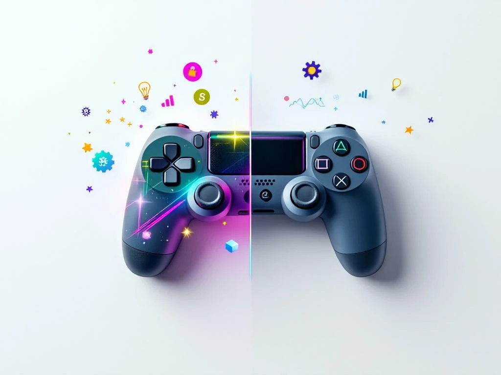 Twee gamecontrollers op witte achtergrond: kleurrijke entertainment-controller links, professionele educatieve controller rechts